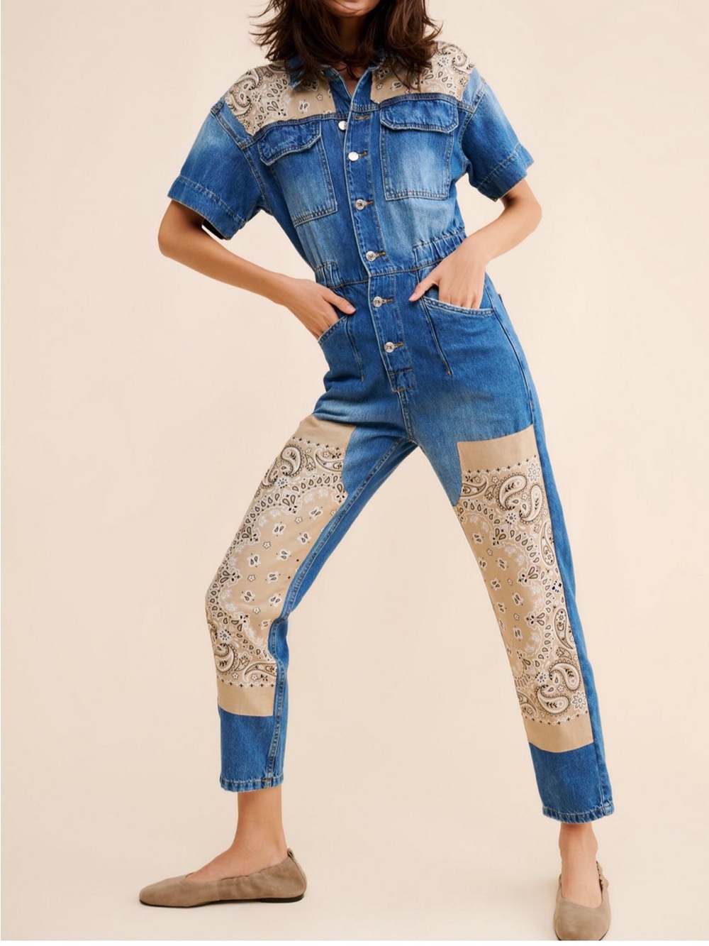 🤎 Free People | TRICIA FIX | Bandana Denim Jumpsuit | size M